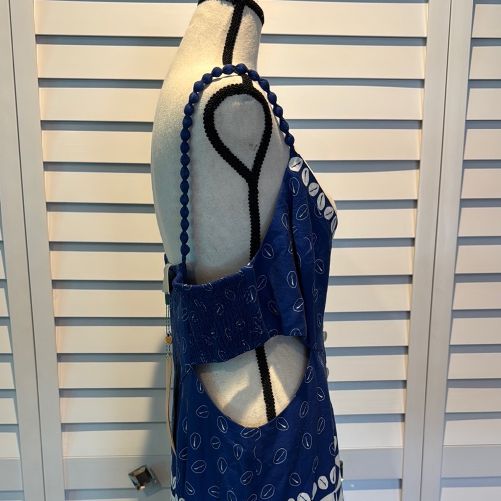 Farm Rio NWT Mixed Ondina Blue Midi Cut out/ ruched sided Dress buttoned down - Picture 5 of 12